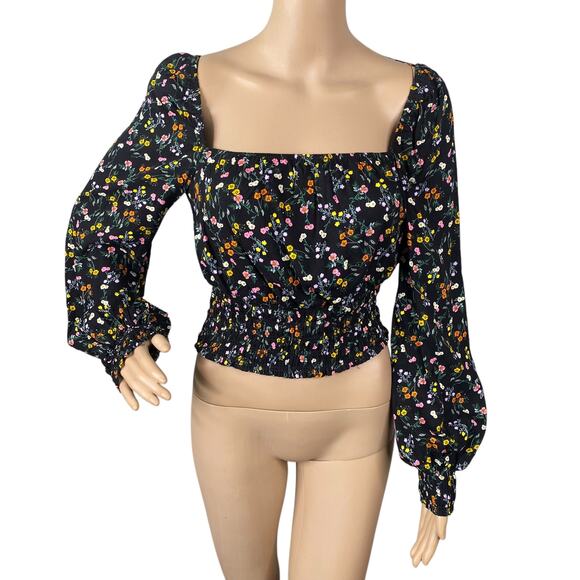 Revolve AFRM Soph Black Ditsy Floral Smocked Peasant Crop Top SZ S - Picture 3 of 14